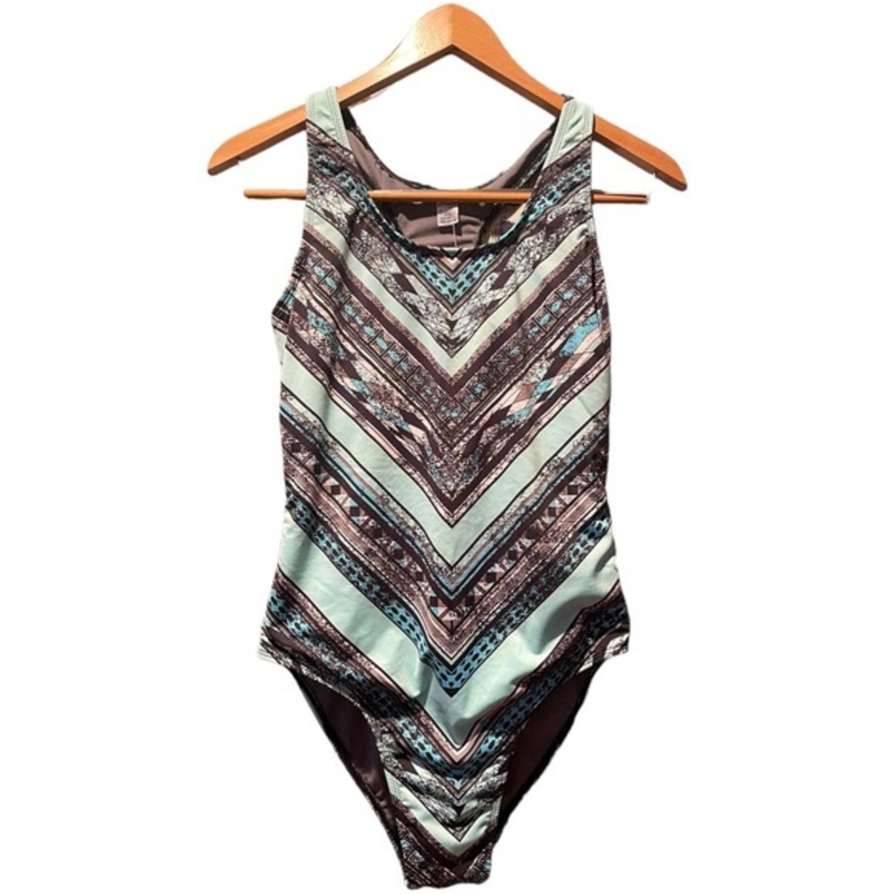 MYSTERIOSO One Piece Swimsuit Turquoise Black Chevron Print Size Medium NWT
